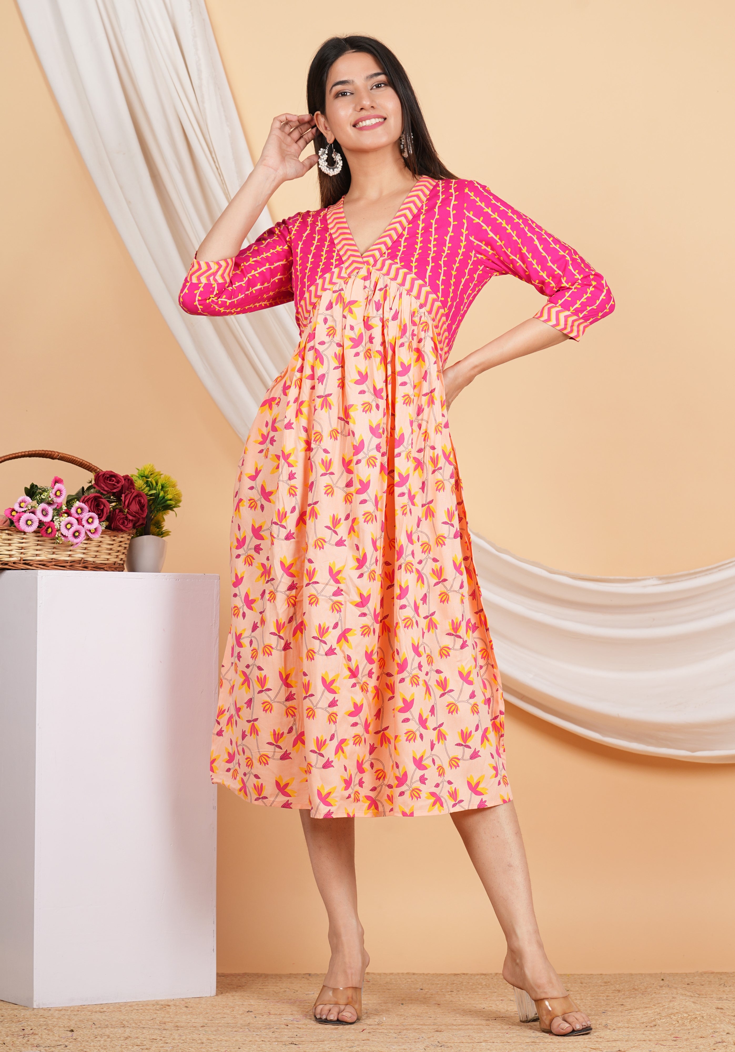 House of RP Women Rayon Peach Floral Printed Dress - Distacart