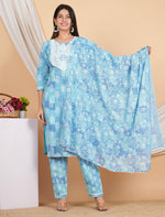 Thumbnail for House of RP Women Blue Rayon Cotton Graphic Print Kurta ,Pant & Dupatta Set - Distacart