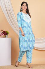 Thumbnail for House of RP Women Blue Rayon Cotton Graphic Print Kurta ,Pant & Dupatta Set - Distacart