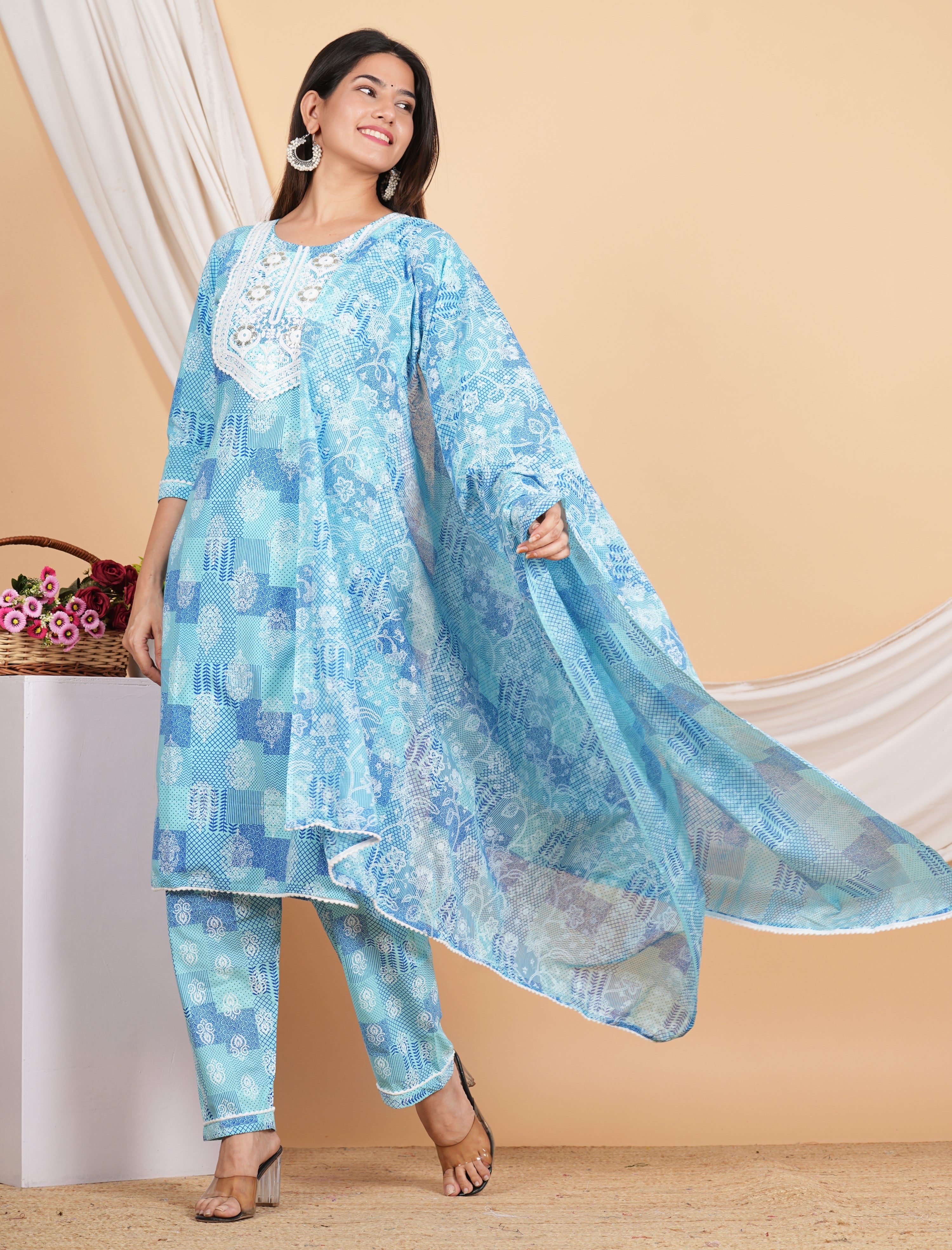 House of RP Women Blue Rayon Cotton Graphic Print Kurta ,Pant & Dupatta Set - Distacart