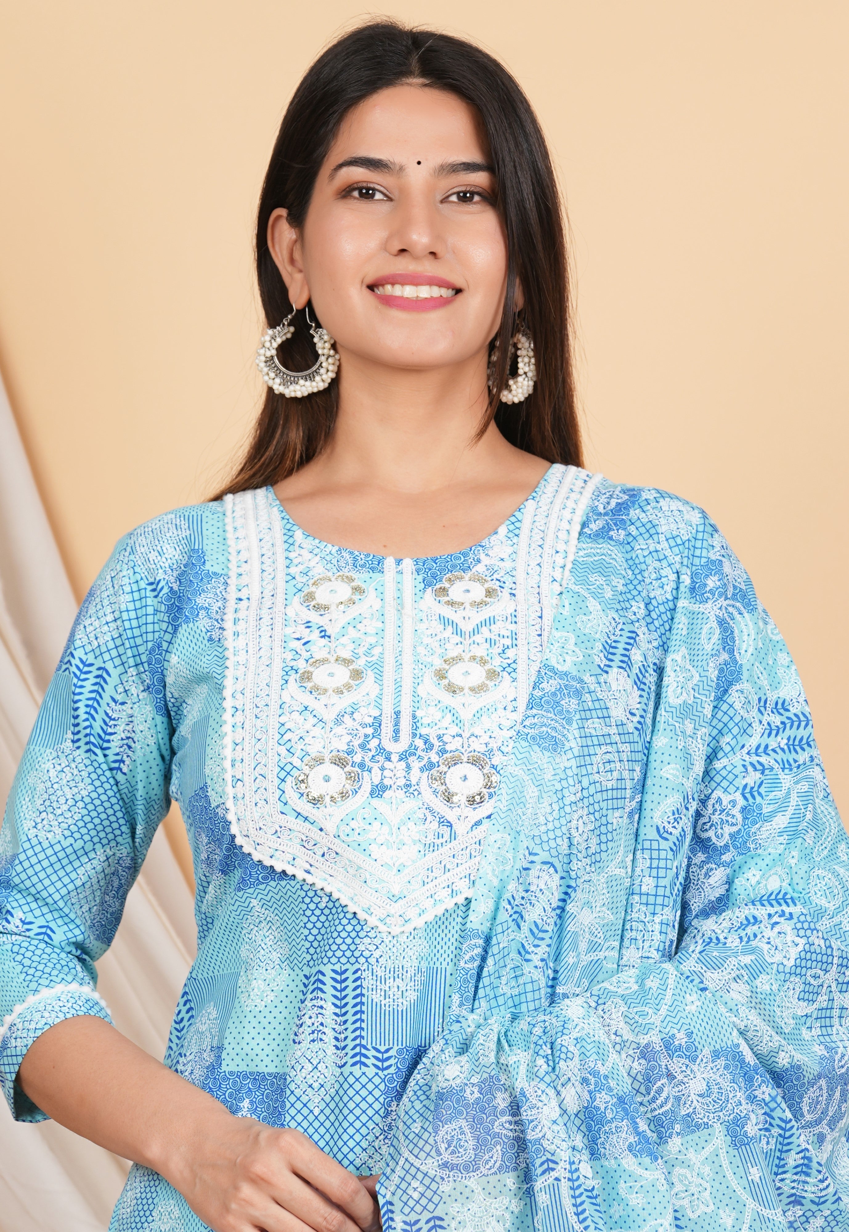 House of RP Women Blue Rayon Cotton Graphic Print Kurta ,Pant & Dupatta Set - Distacart