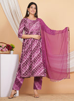 Thumbnail for House of RP Women Rayon Dark Purple Ethnic Print Naira Cut Kurta, Pant & Dupatta Set - Distacart