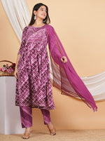Thumbnail for House of RP Women Rayon Dark Purple Ethnic Print Naira Cut Kurta, Pant & Dupatta Set - Distacart