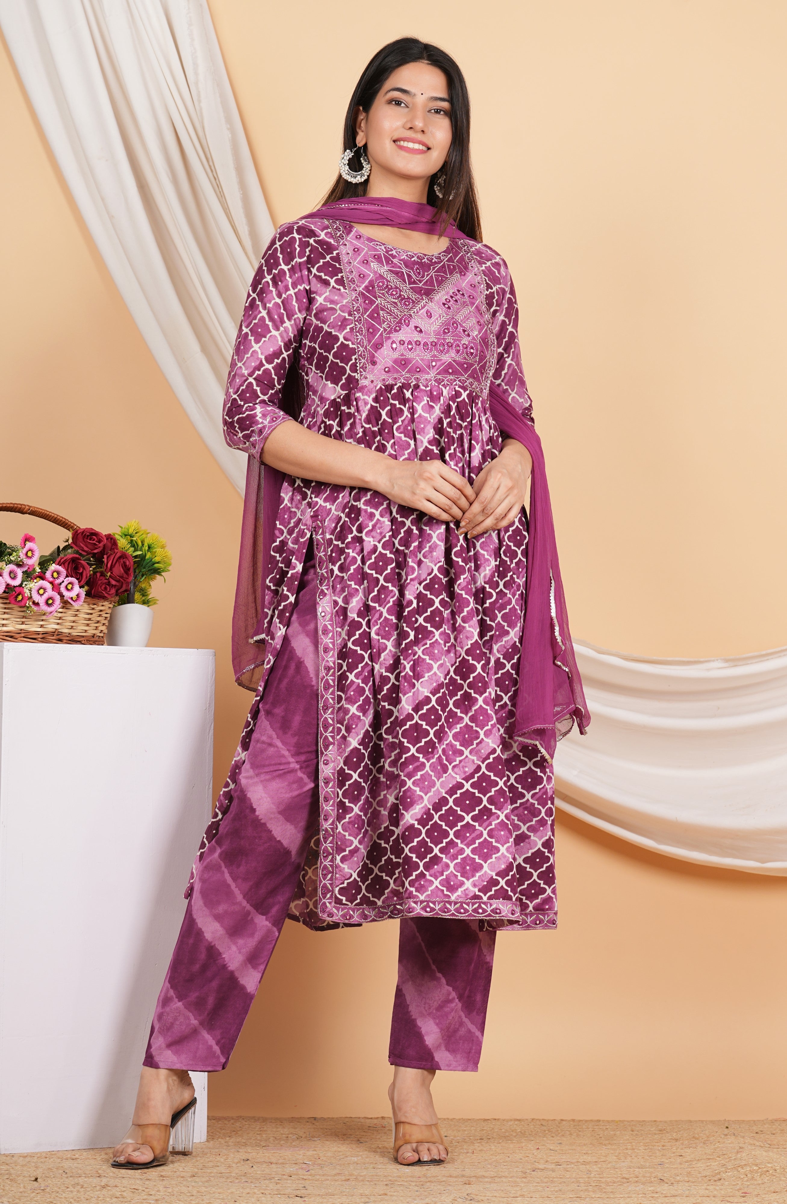 House of RP Women Rayon Dark Purple Ethnic Print Naira Cut Kurta, Pant & Dupatta Set - Distacart