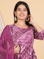 Thumbnail for House of RP Women Rayon Dark Purple Ethnic Print Naira Cut Kurta, Pant & Dupatta Set - Distacart