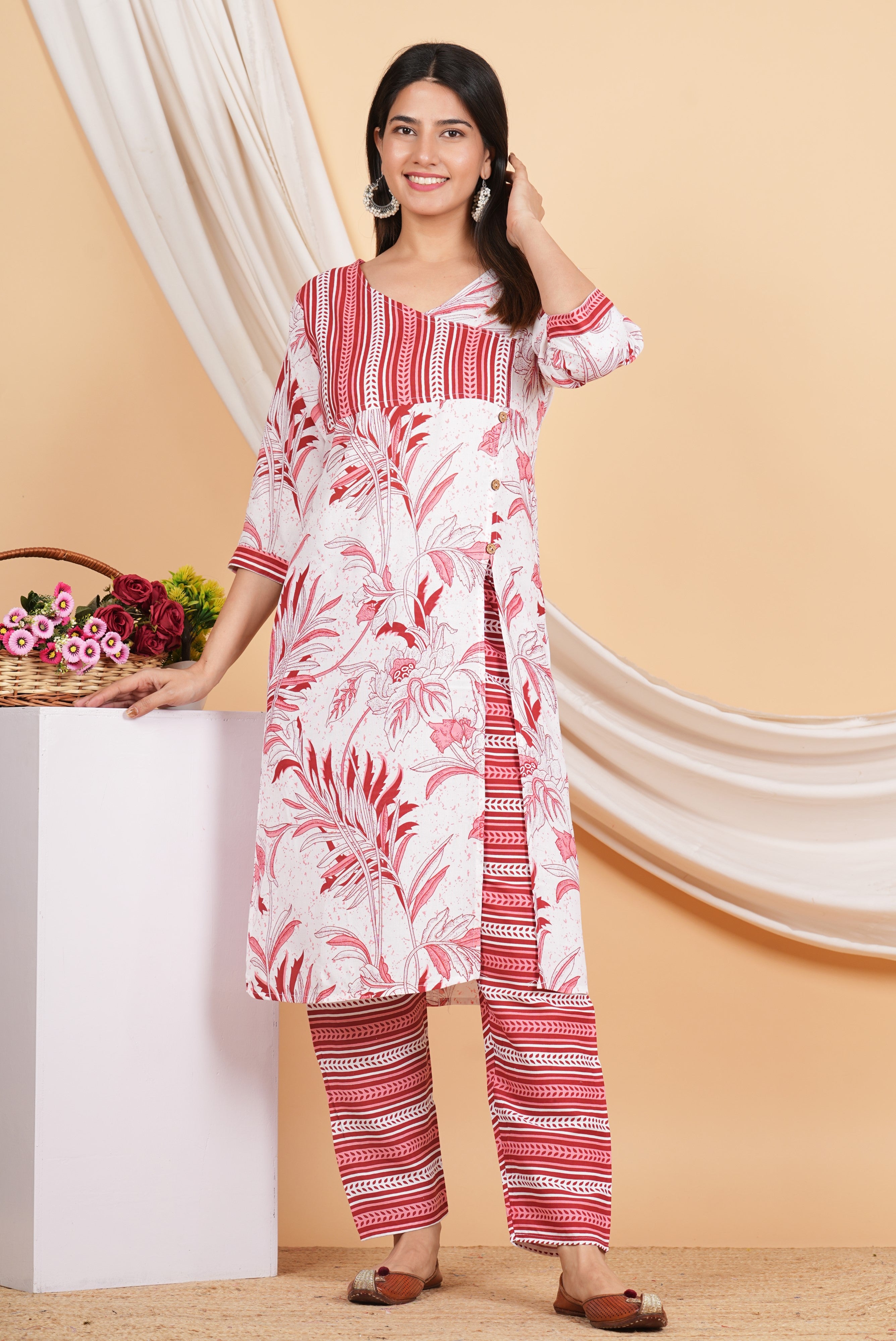 House of RP Women White & Red Rayon Floral Print Kurta & Pant Set - Distacart