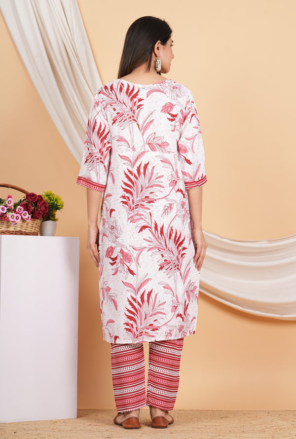 House of RP Women White & Red Rayon Floral Print Kurta & Pant Set - Distacart