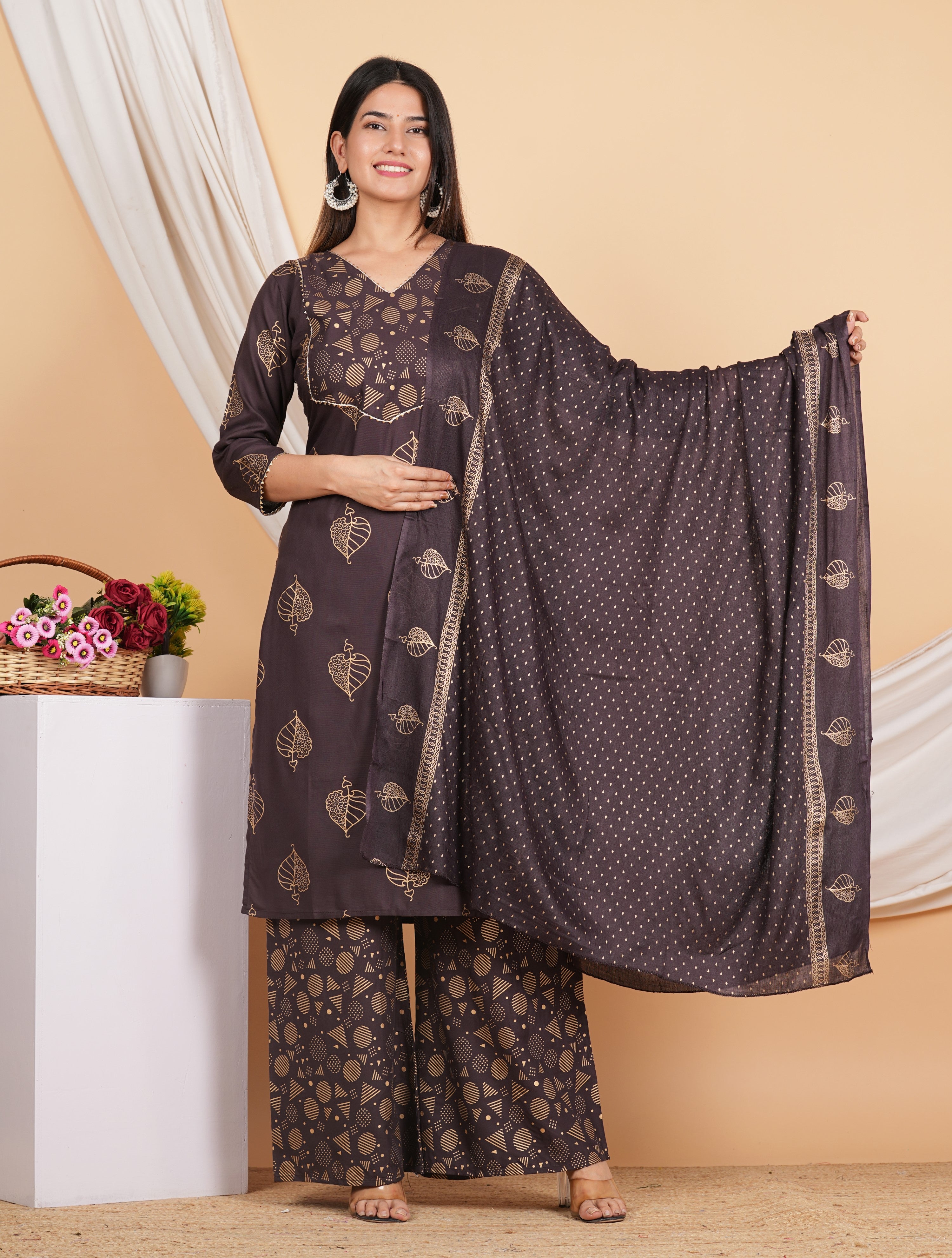 House of RP Wine Rayon Floral Print Kurta, Palazzo & Dupatta Set - Distacart