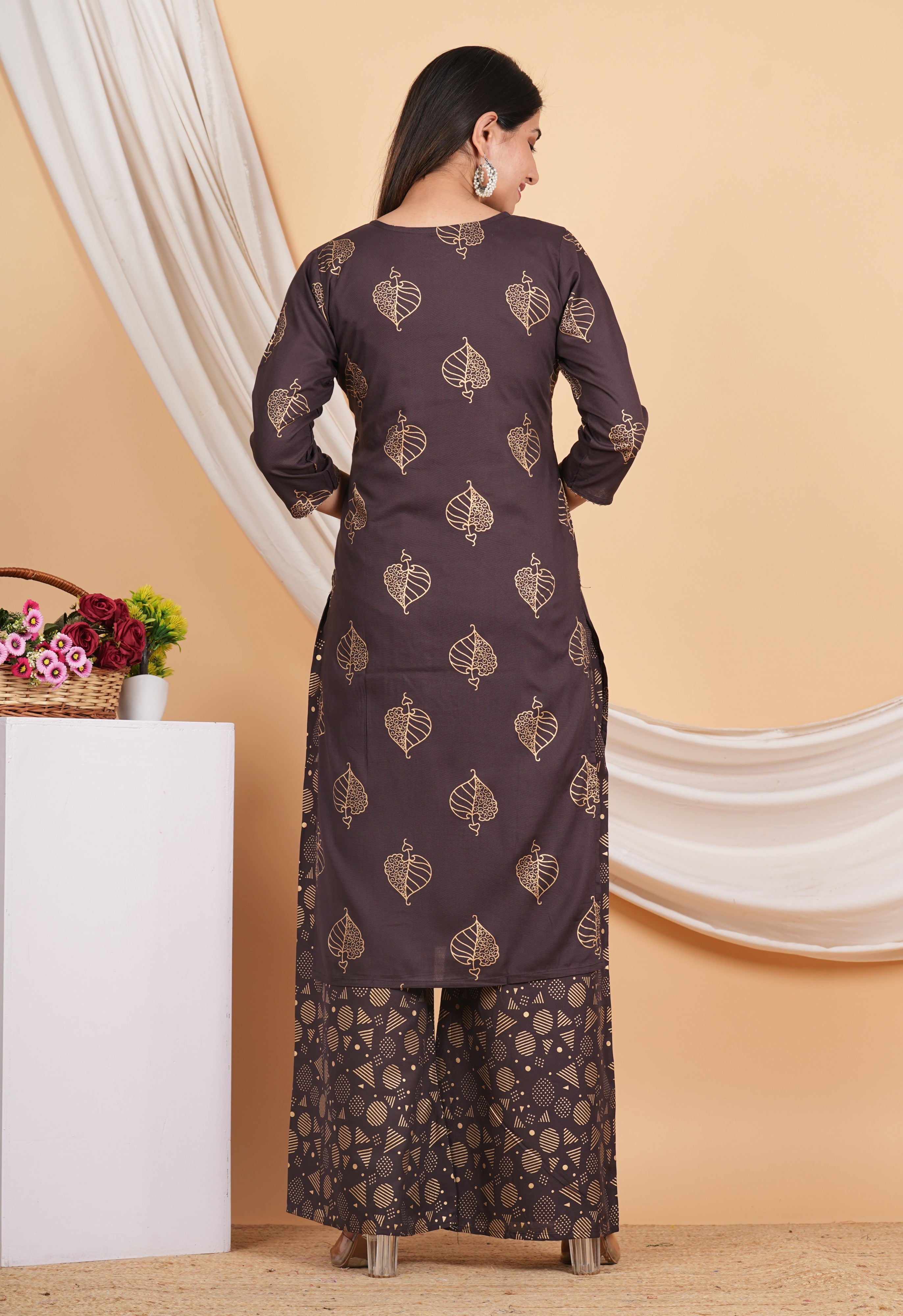 House of RP Wine Rayon Floral Print Kurta, Palazzo & Dupatta Set - Distacart