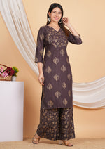 Thumbnail for House of RP Wine Rayon Floral Print Kurta, Palazzo & Dupatta Set - Distacart
