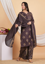 Thumbnail for House of RP Wine Rayon Floral Print Kurta, Palazzo & Dupatta Set - Distacart