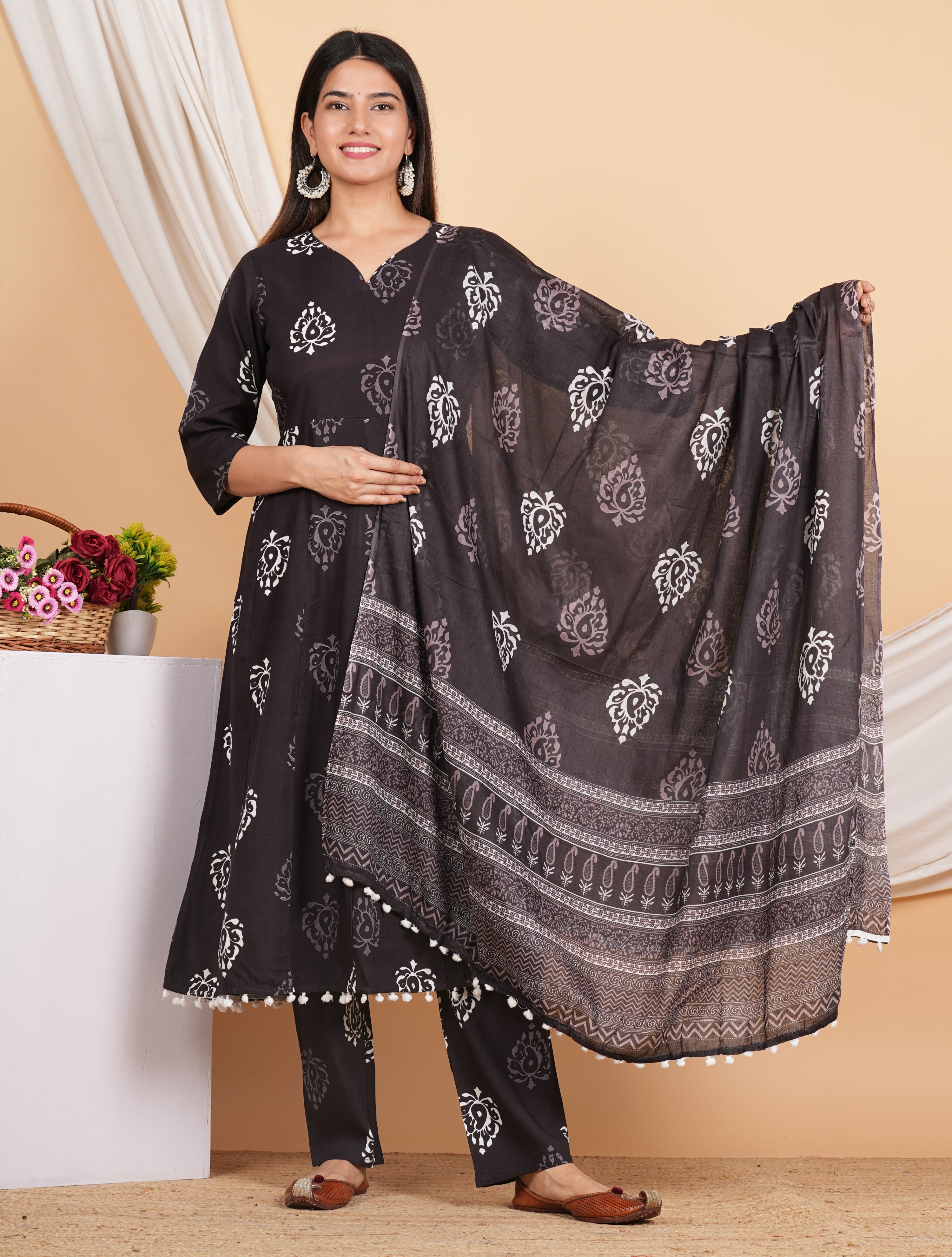 House of RP Wine Rayon Floral Print Kurta, Palazzo & Dupatta Set - Distacart