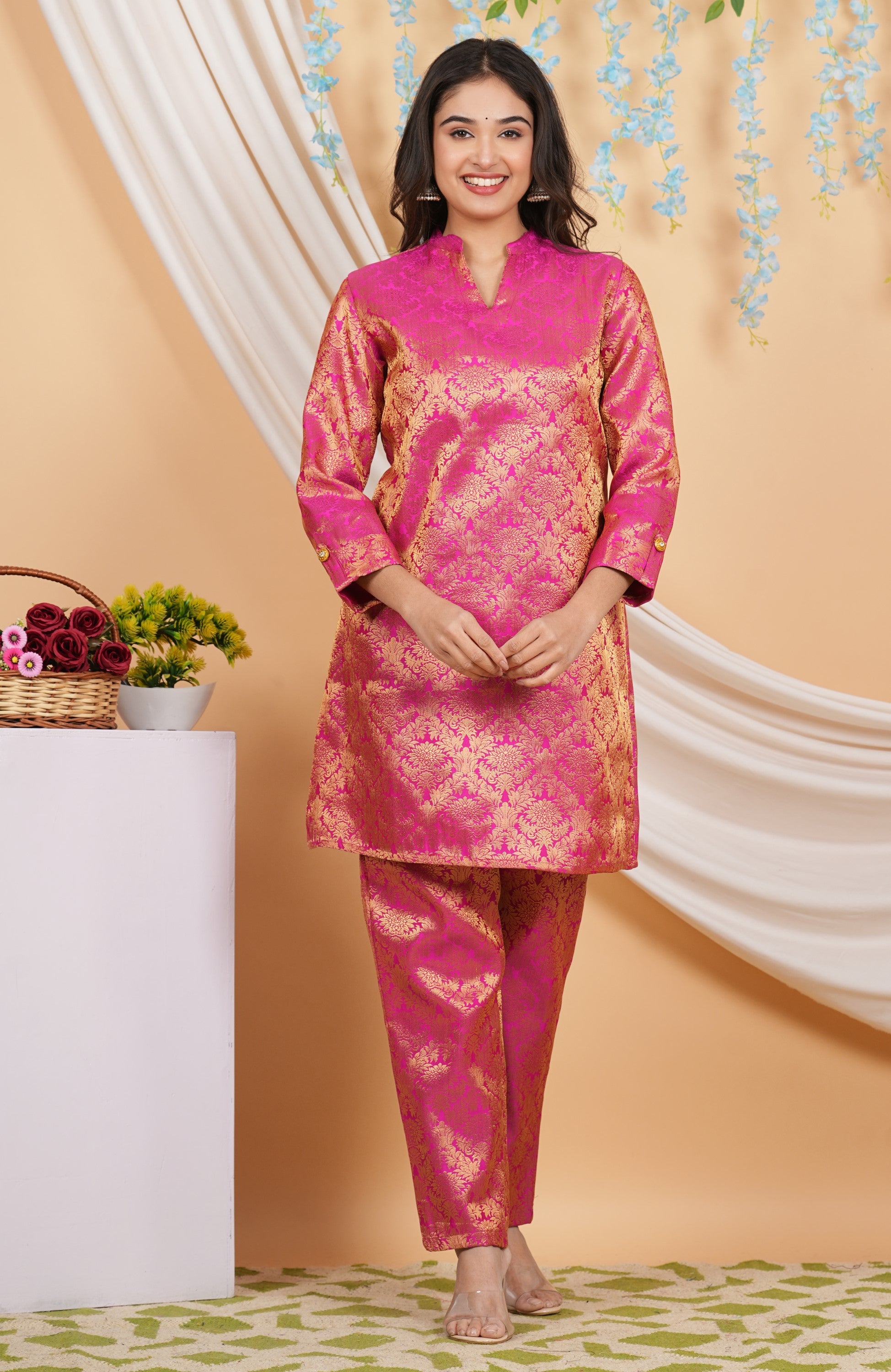 House of RP Women Fuchsia Emblished Jacquard Kurta & Pant Set - Distacart