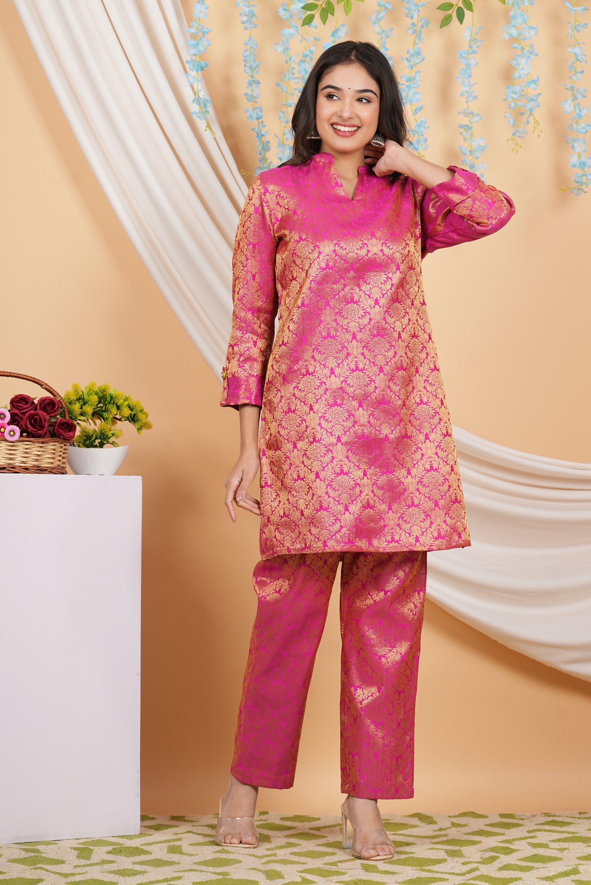 House of RP Women Fuchsia Emblished Jacquard Kurta & Pant Set - Distacart
