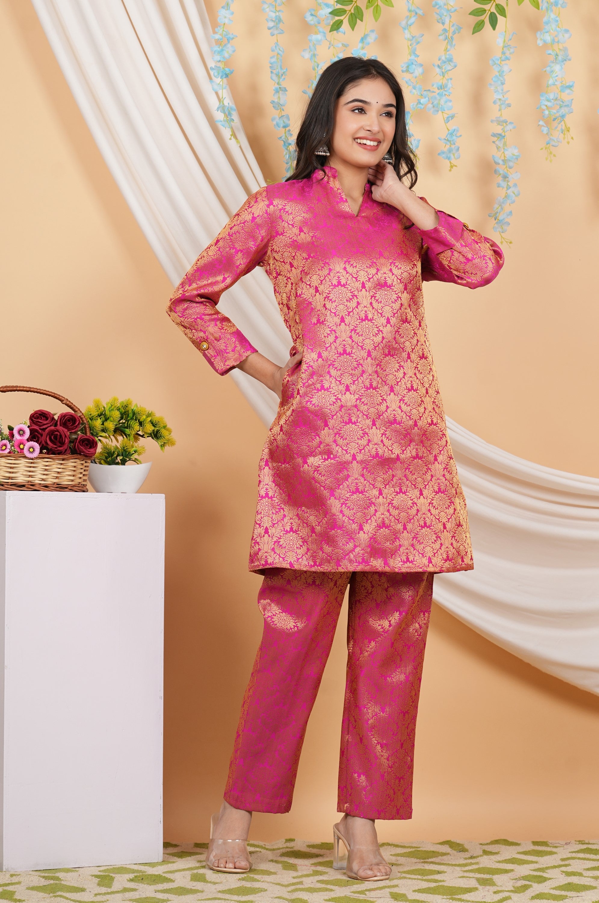 House of RP Women Fuchsia Emblished Jacquard Kurta & Pant Set - Distacart