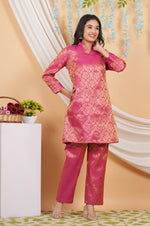 Thumbnail for House of RP Women Fuchsia Emblished Jacquard Kurta & Pant Set - Distacart