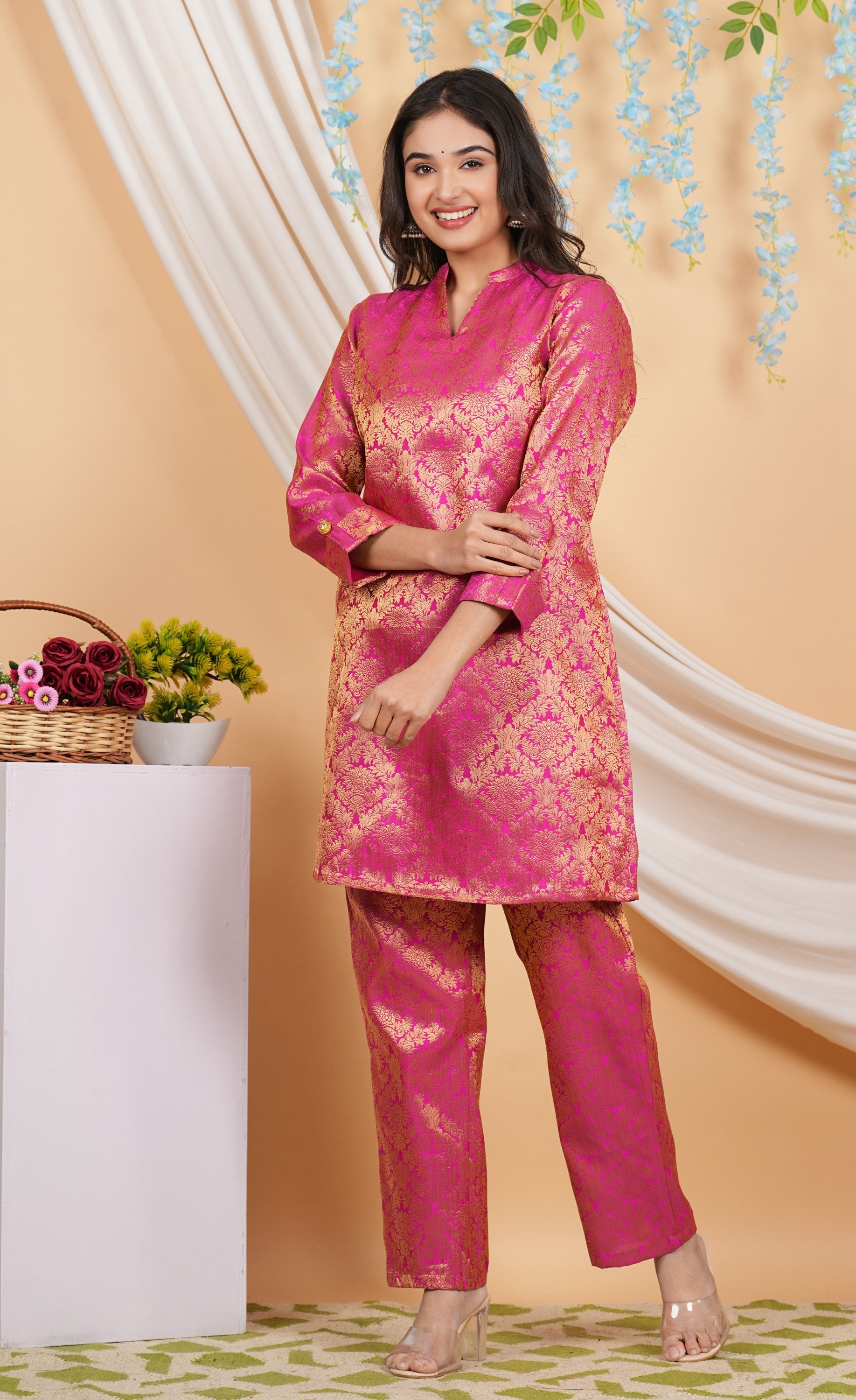 House of RP Women Fuchsia Emblished Jacquard Kurta & Pant Set - Distacart