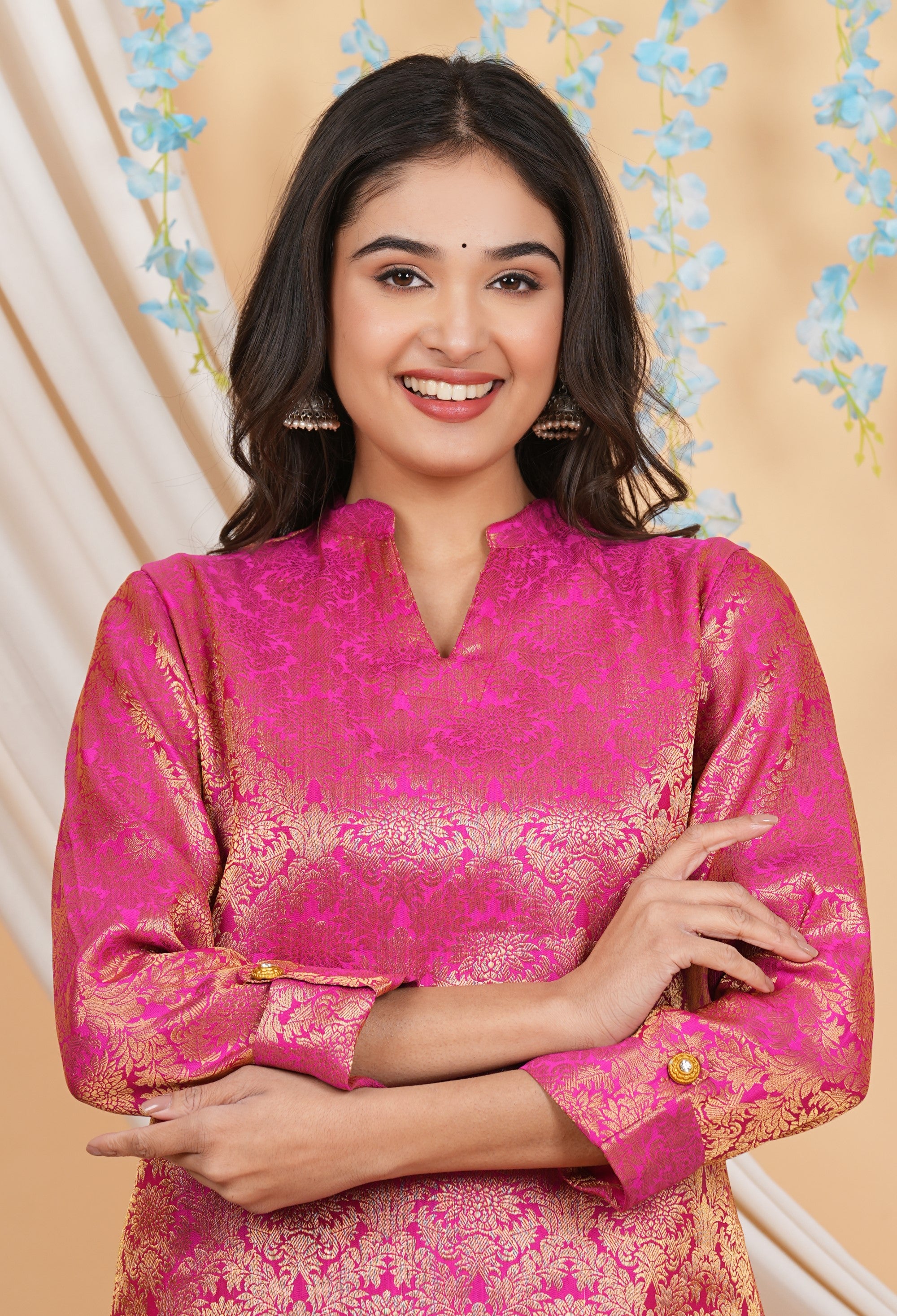House of RP Women Fuchsia Emblished Jacquard Kurta & Pant Set - Distacart