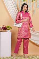 Thumbnail for House of RP Women Fuchsia Emblished Jacquard Kurta & Pant Set - Distacart