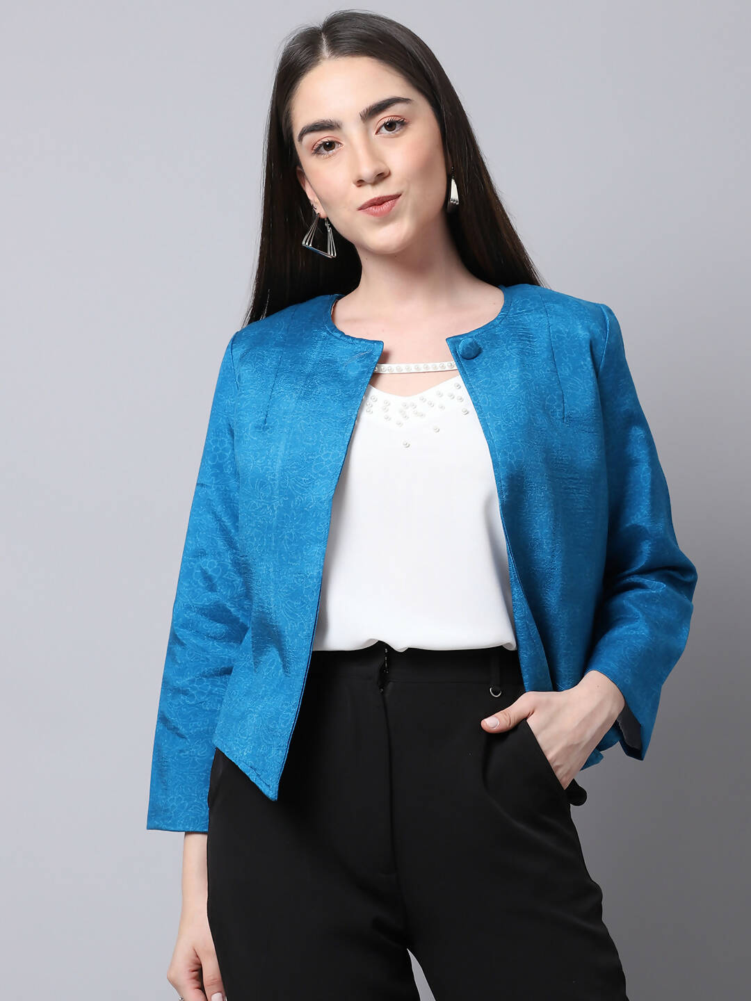 Even Apparels Blue 100% Viscose Open Front Statement Women's Jacket - Distacart