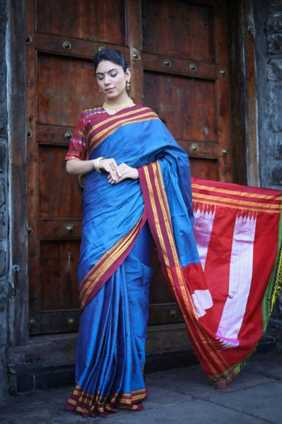 Very Much Indian Handloom Cotton Viscose Ilkal Saree - Royal Blue - Distacart