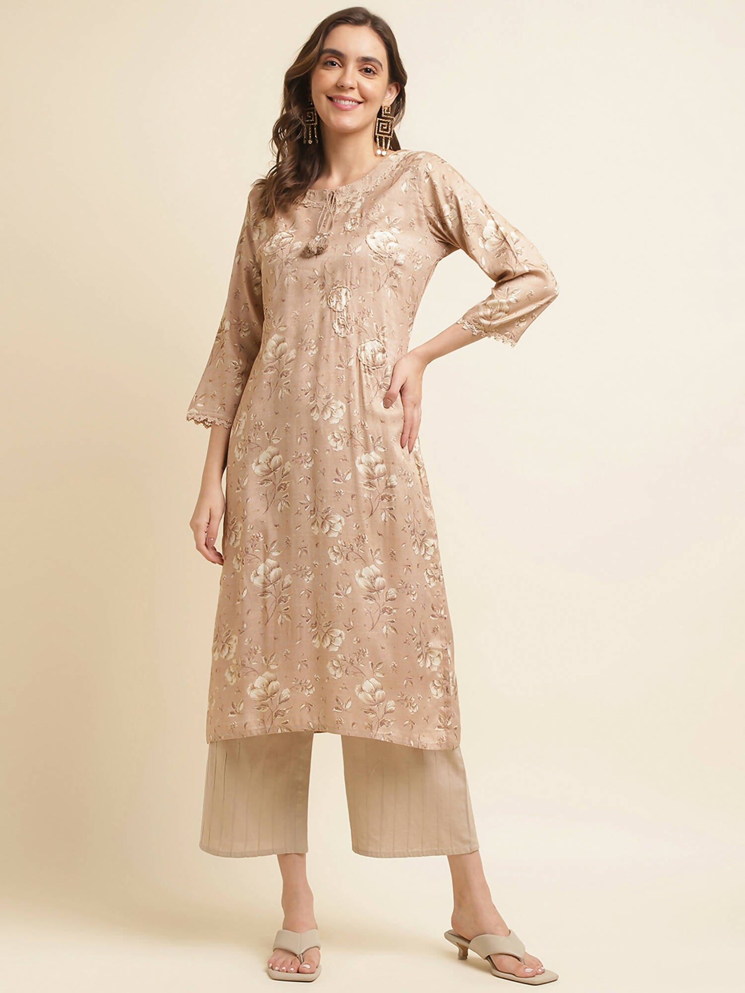 Beige Poly Rayon Floral Printed Straight Kurta - Prasuti - Distacart