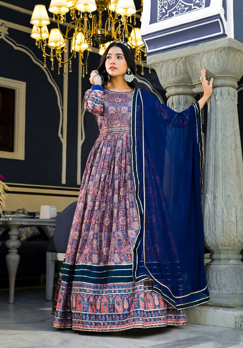 Partywear Designer Blue Dola Silk Anarkali Suit With Dupatta - Ananta - Distacart