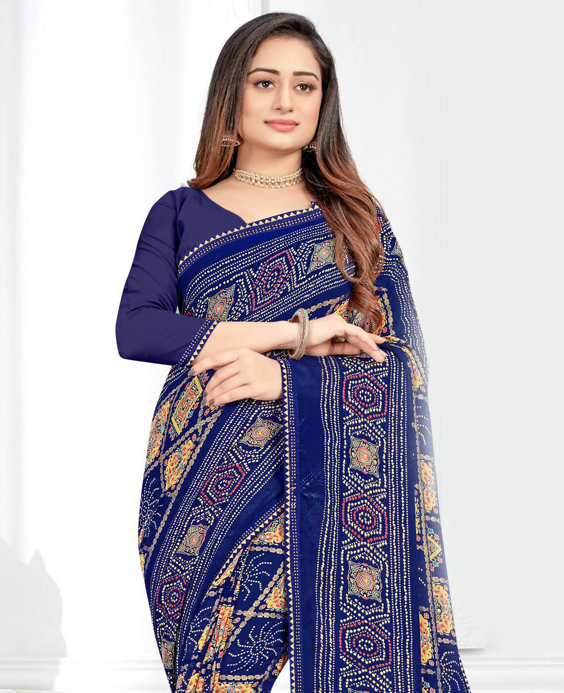 Blue Georgette Bandhani Printed Saree With Unstitched Blouse Piece - Jyoti - Distacart