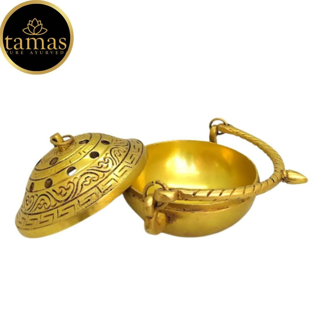 Tamas Brass Small Dhoop Burner with Handle and Lid (Golden) - Distacart