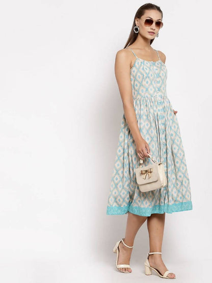 Myshka Women's Multi Crepe Printed Sleeveless Square Neck Casual Dress