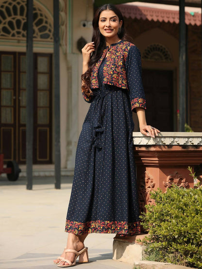 Juniper Women's Blue Rayon Festive Printed Flared Dress - Distacart
