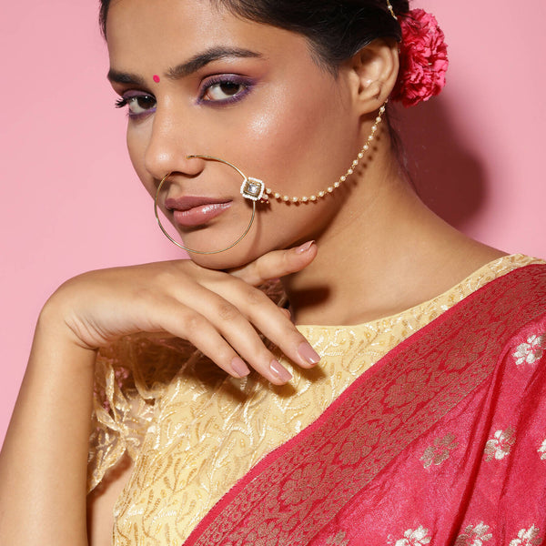 White Gold-Plated Kundan Studded Beaded Nosepin - Ruby Raang - Distacart