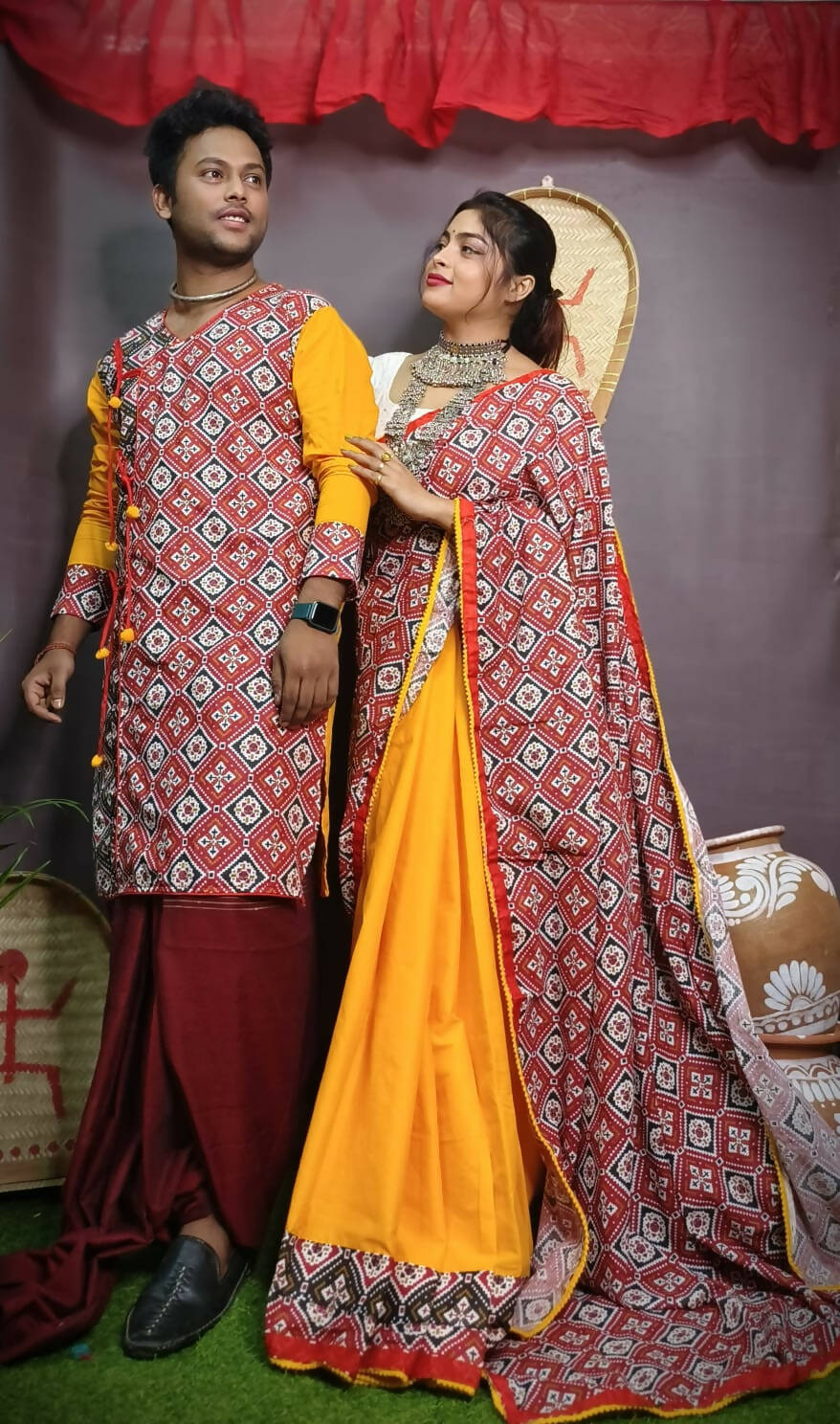 Exclusive Collection Saree With Blouse Piece For Women And Men's Kurta - Yellow - Distacart