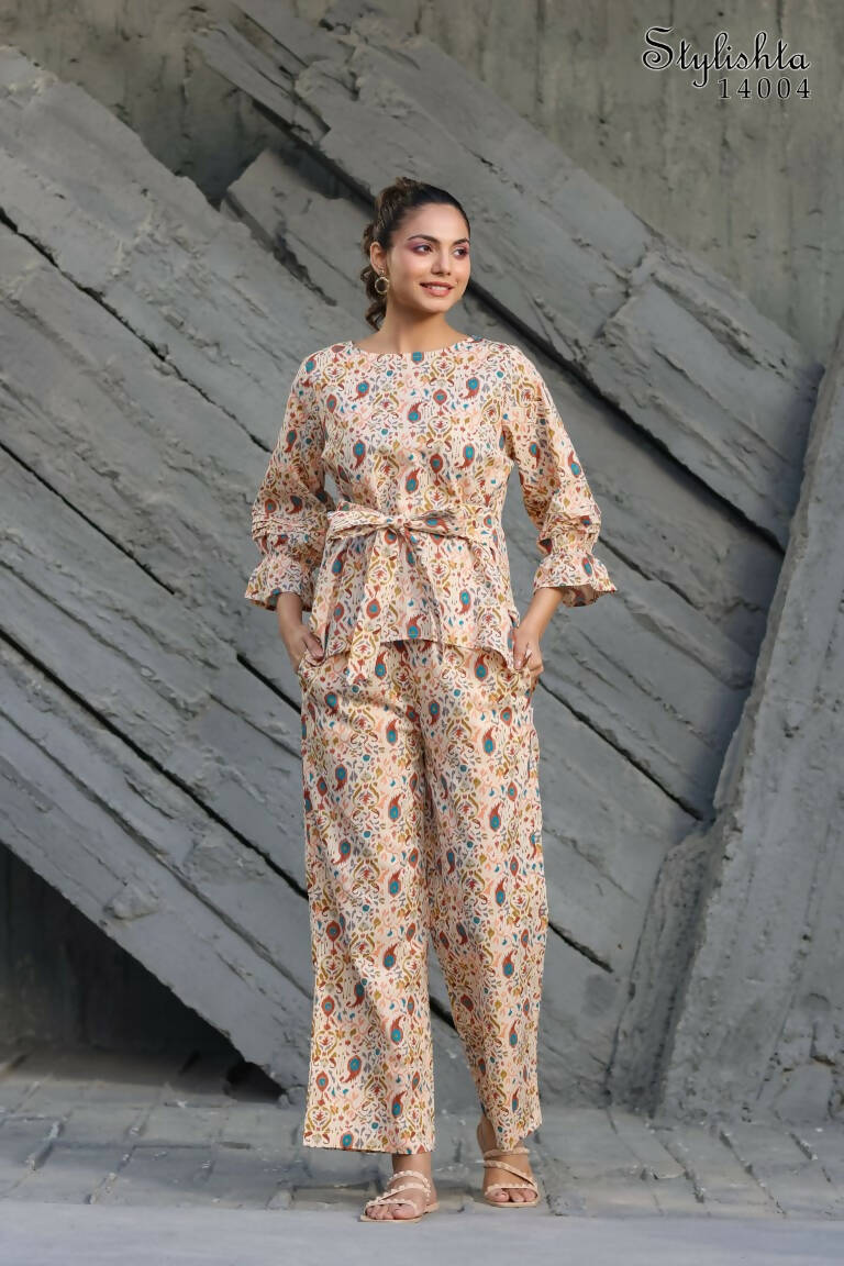 Women's Partywear Designer Cream & Multi Muslin co-ord set - Stylishta - Distacart