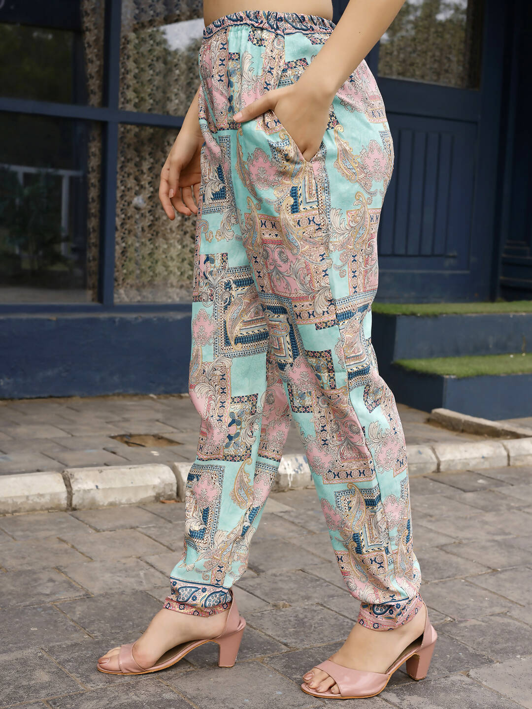 Pink & Blue Rayon Paisley Printed Top with Matching Bottom - Eesha - Distacart