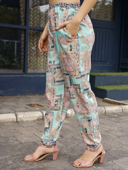 Pink & Blue Rayon Paisley Printed Top with Matching Bottom - Eesha - Distacart