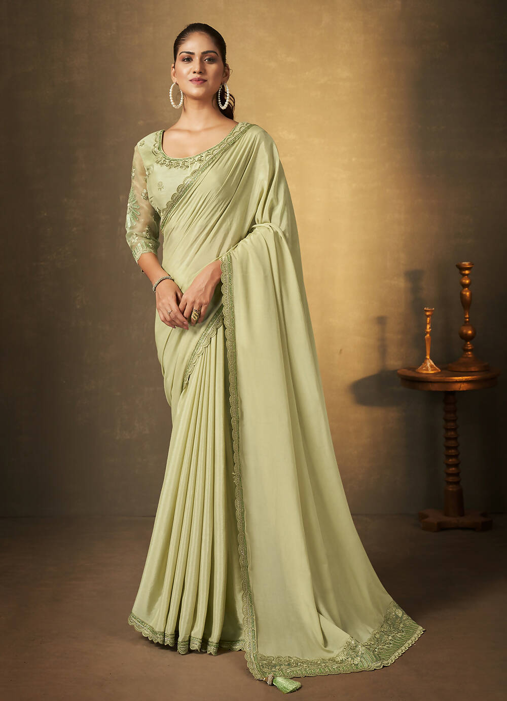 Green Chinon Chiffon Thread Work Embroidered with Swaroski Work Saree With Unstitched Blouse Piece - Norita Royal Erisha - Distacart
