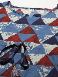 Thumbnail for Yufta Blue & Red Geometric Printed Flared Sleeves Kaftan Kurti