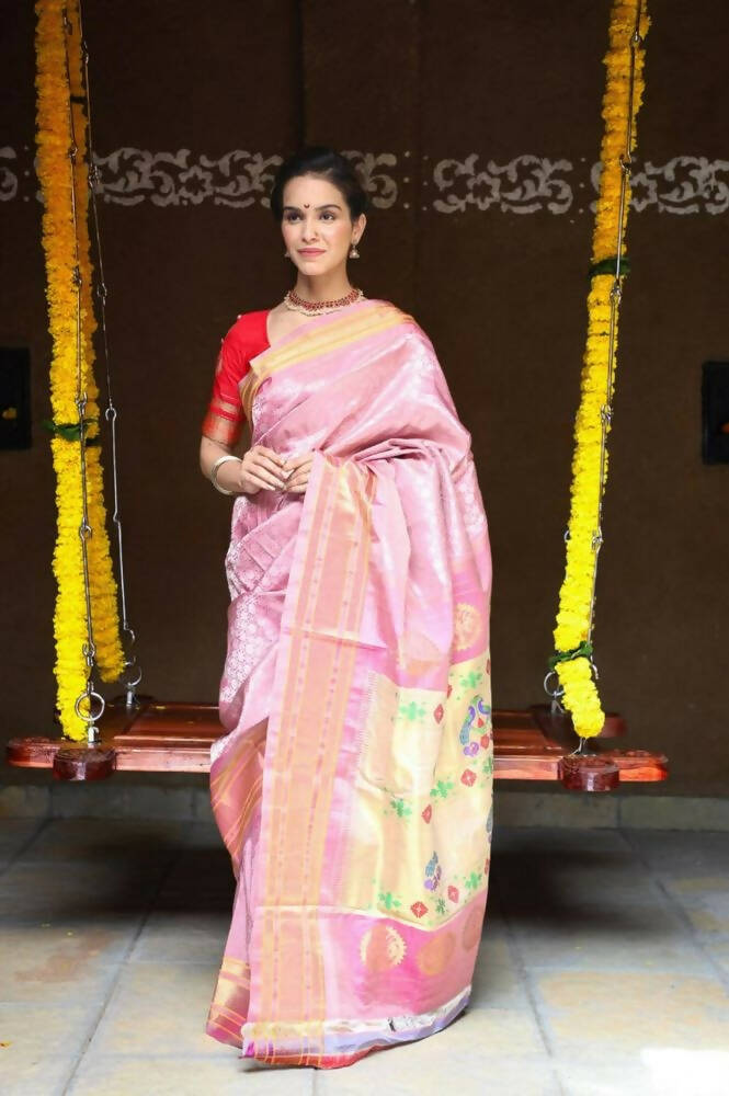 Very Much Indian Silk Handloom Maharani Paithani In Rich Pearl Pink With Silver Zari Brocade - Distacart