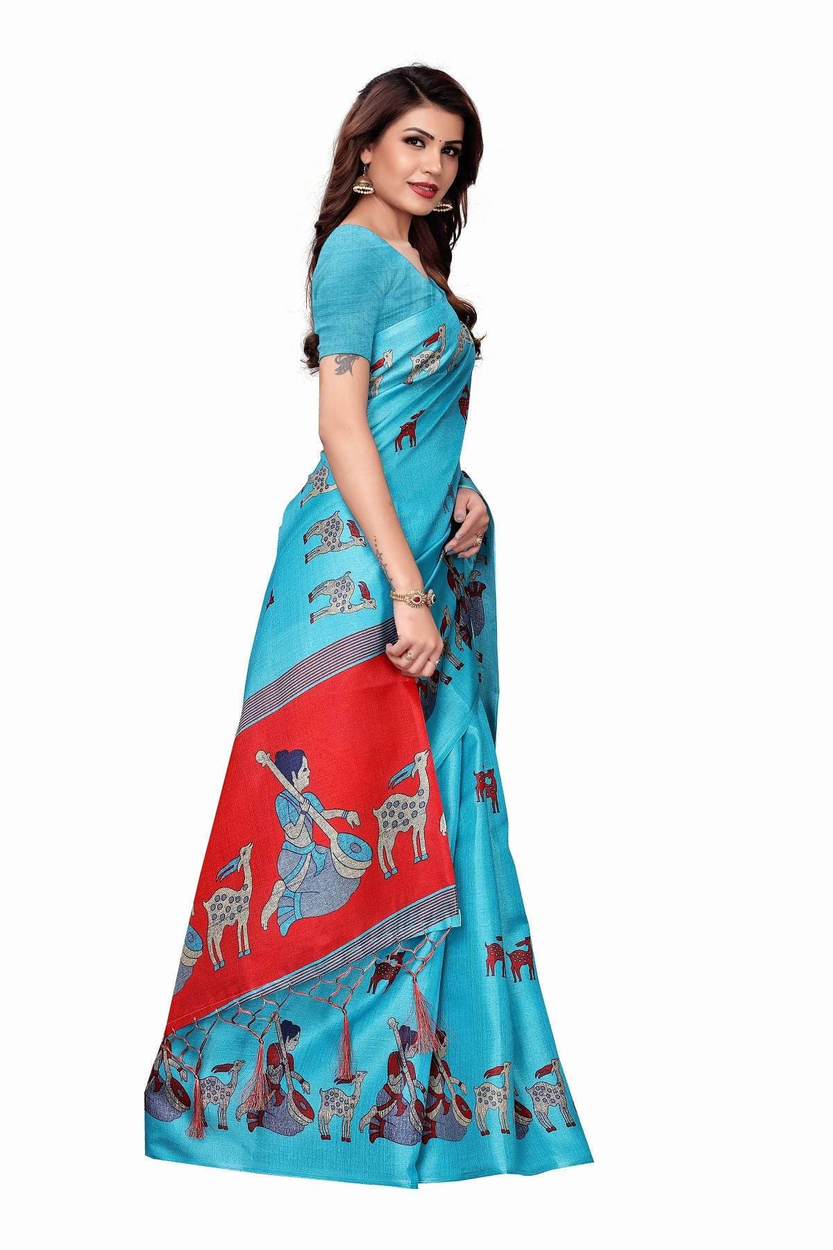 Vamika Sky Blue Kalamkari With Jhalar Khadi Silk Saree