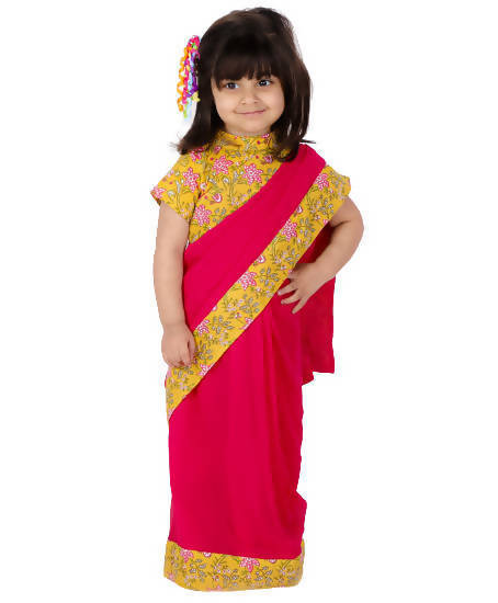 Little Bansi Yellow and Magenta Red Saree with Floral Blouse - Distacart
