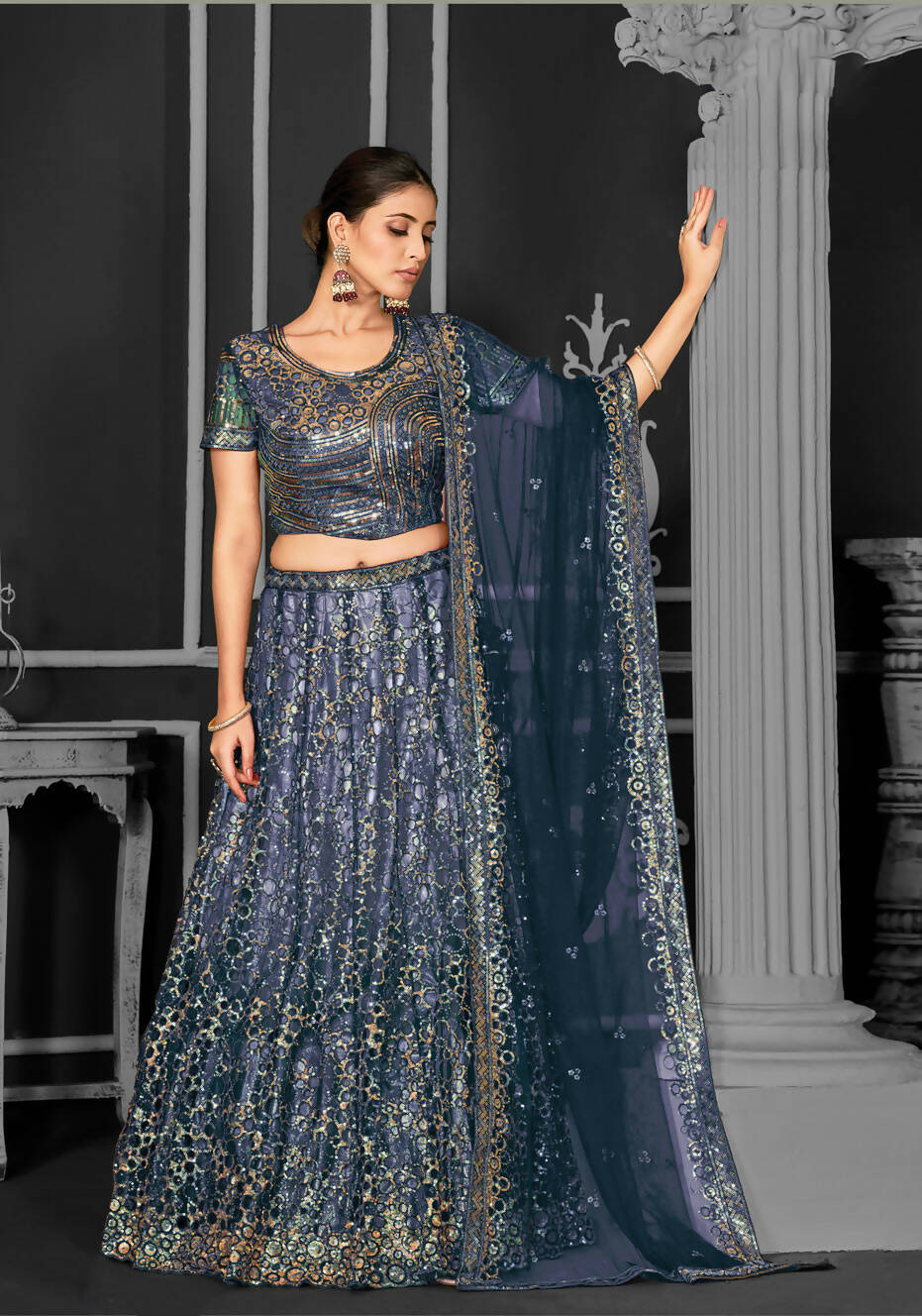 Teal Net Semi-Stitched Bridal Lehenga - Nimayaa Bonanza - Distacart