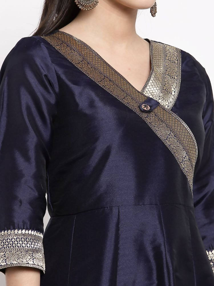 Myshka Women's Multi Silk Solid 3/4 Sleeve V Neck Casual Anarkali Gown