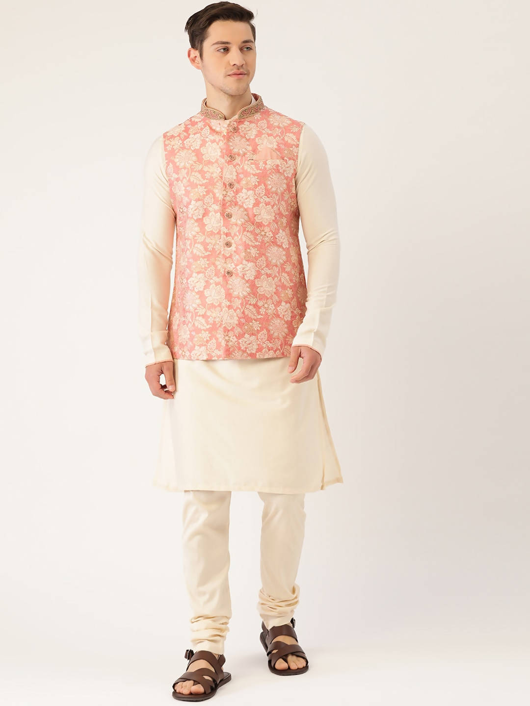 Manyavar Men Peach & Cream Coloured Woven Jacquard Kurta with Churidar & Nehru Jacket - Distacart