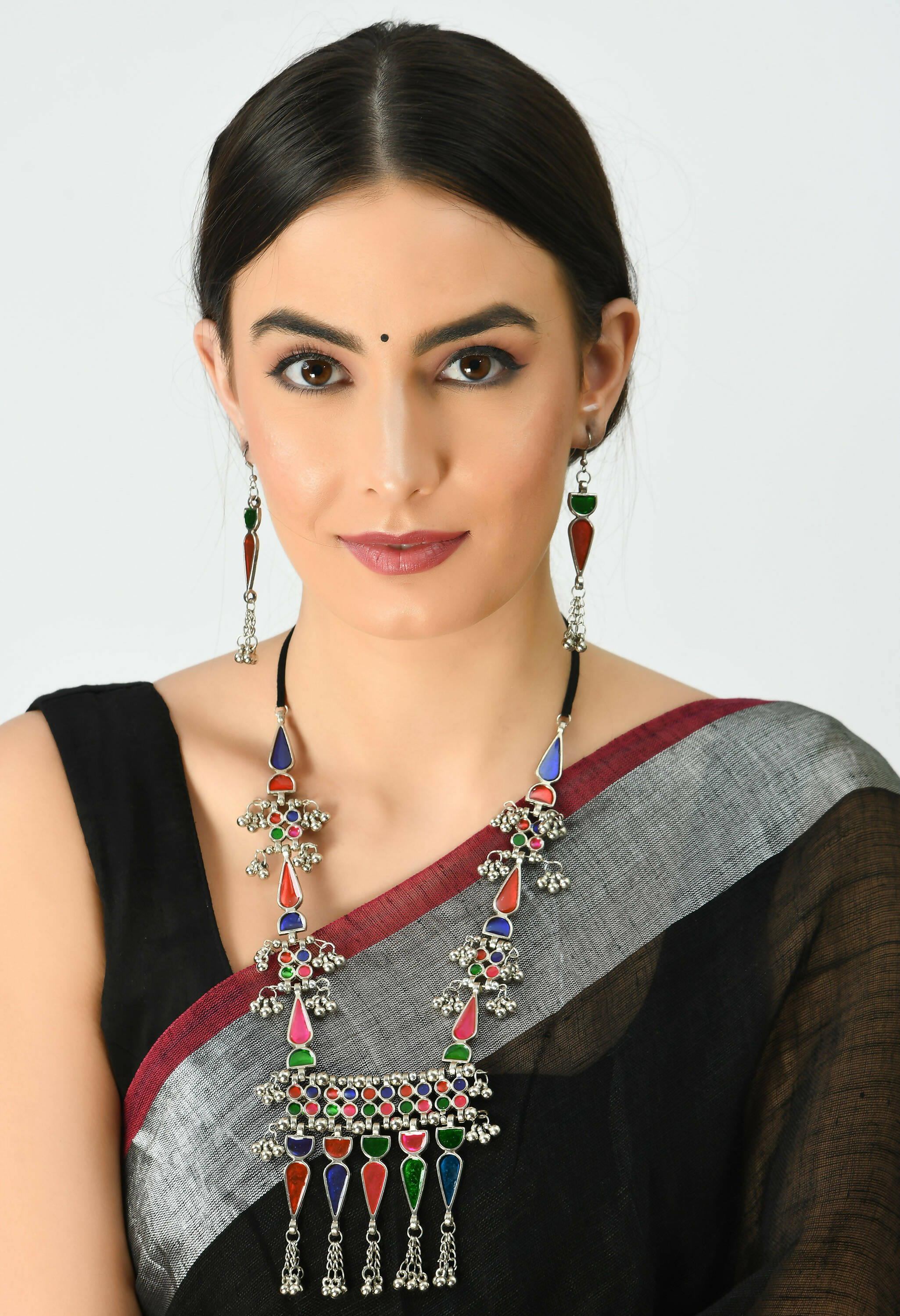 Mominos Fashion Johar Kamal Oxidised Silver-Plated Meenakari Multi Long Necklace Set For Women - Distacart