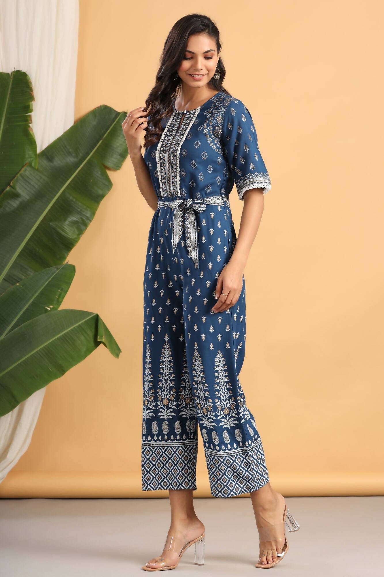Juniper Women Indigo Rayon Printed Straight Jumpsuit - Distacart