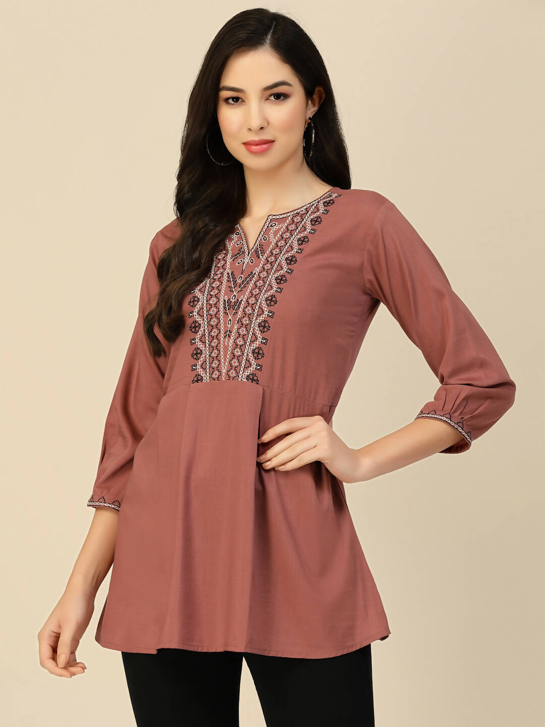 Brown Chinon Floral Embroidered Top - Zeny - Distacart