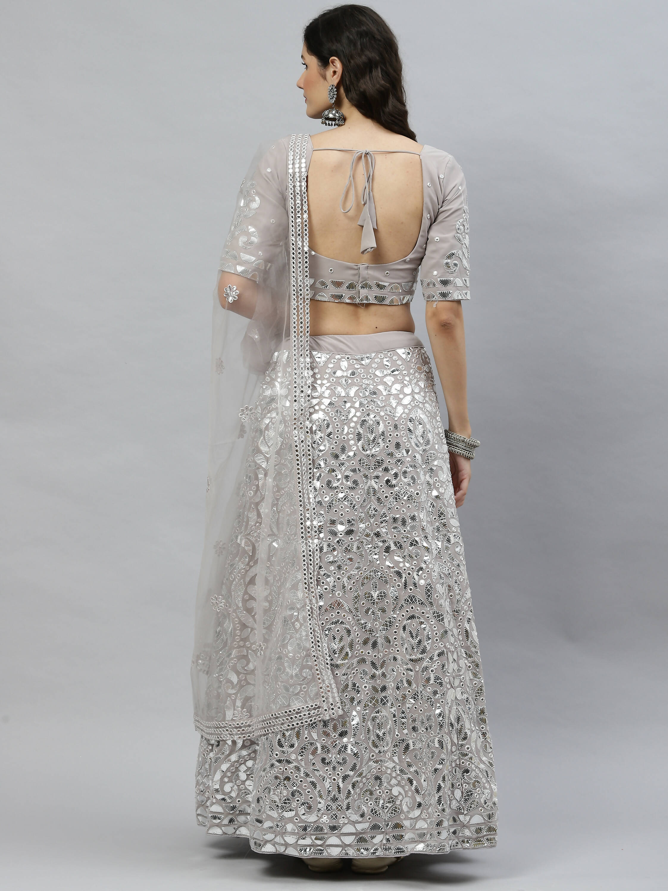 Grey Georgette Paper Mirror Embroidery Work Lehenga Choli with Dupatta - Jivika - Distacart