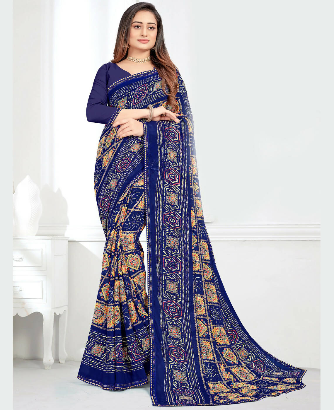 Blue Georgette Bandhani Printed Saree With Unstitched Blouse Piece - Jyoti - Distacart