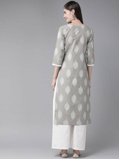 Yufta Grey and Off White Printed Kurta with Palazzo set
